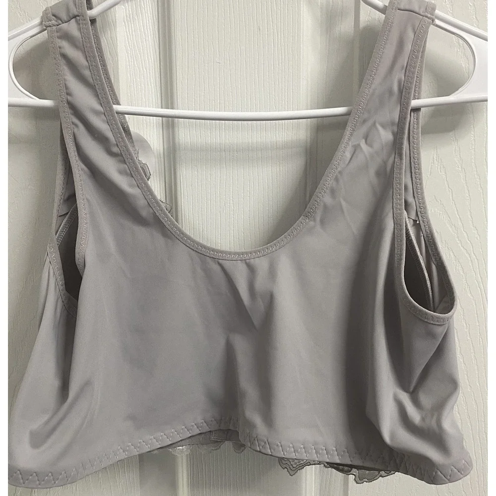 Lucy Breeze Silver/Gray Wire Free Lined Bra Lace Front Close Sz.42C Stretch Back